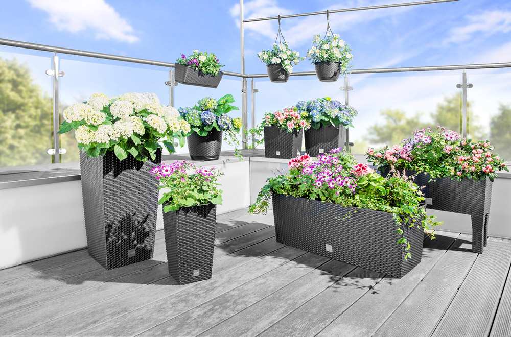 Powertec Garden XXL Pflanzkasten in Rattanoptik, ca. 72 Liter - Anthrazit, 2er Set
