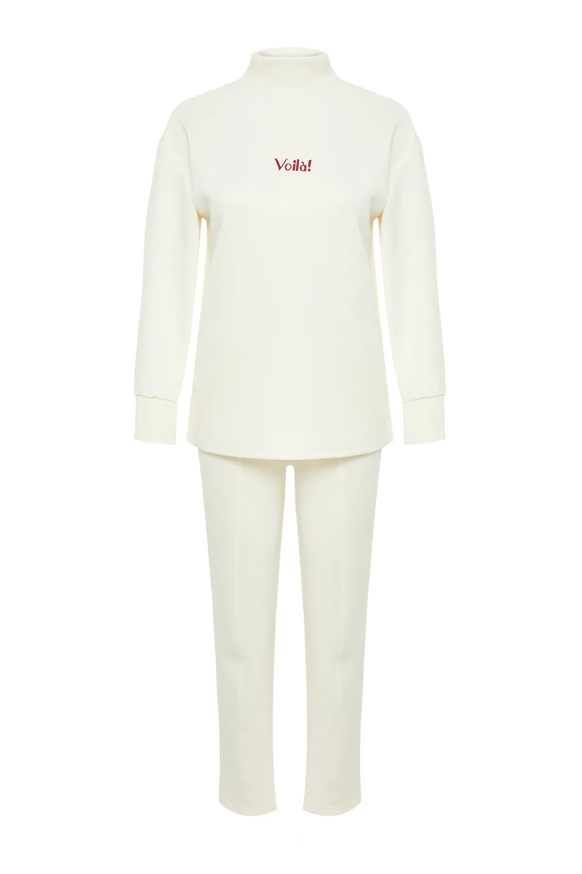 Trendyol Modest  Beigefarbenes Strick-Trainingsanzug-Set „Taucher/Scuba“ mit aufgestickten Buchstaben TCTAW24EN00010