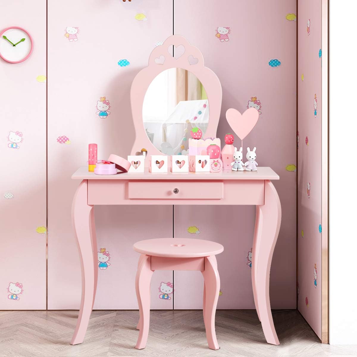 Costway COSTWAY Kinder Schminktisch mit Hocker und Abnehmbarer Spiegel
