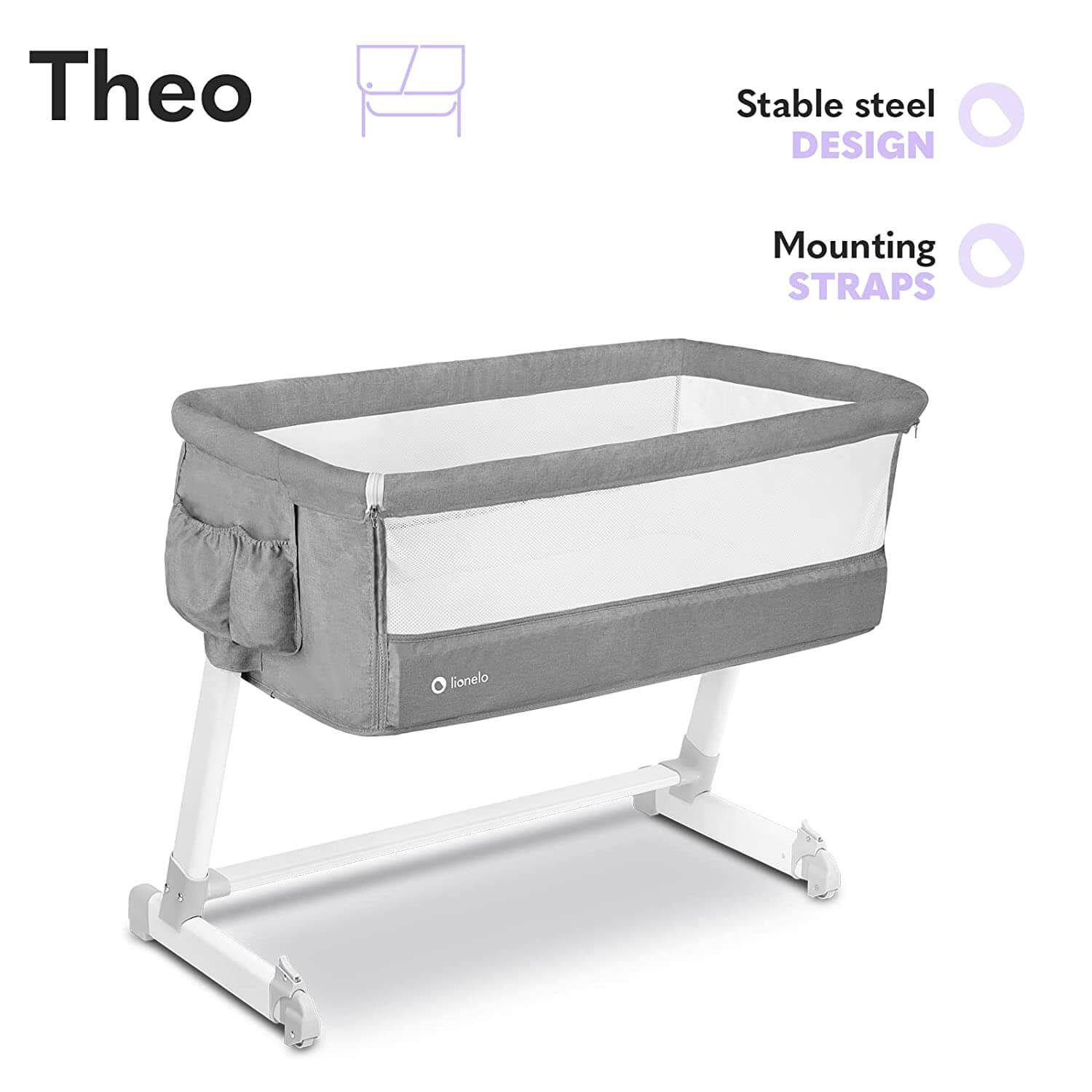 lionelo Beistellbett Lionelo Theo Baby Beistellbett Kinderbett grau Babybett Zustellbett