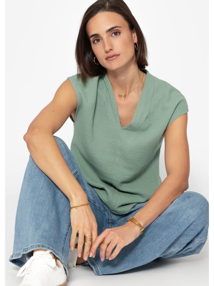 SASSYCLASSY Musselin Shirt mit V-Ausschnitt in Grün günstig kaufen