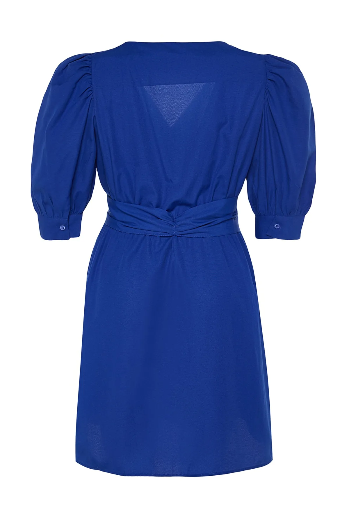 Trendyol Curve  Blaues gewebtes Kleid mit zweireihigem Kragen und Gürtel TBBSS22EL1669