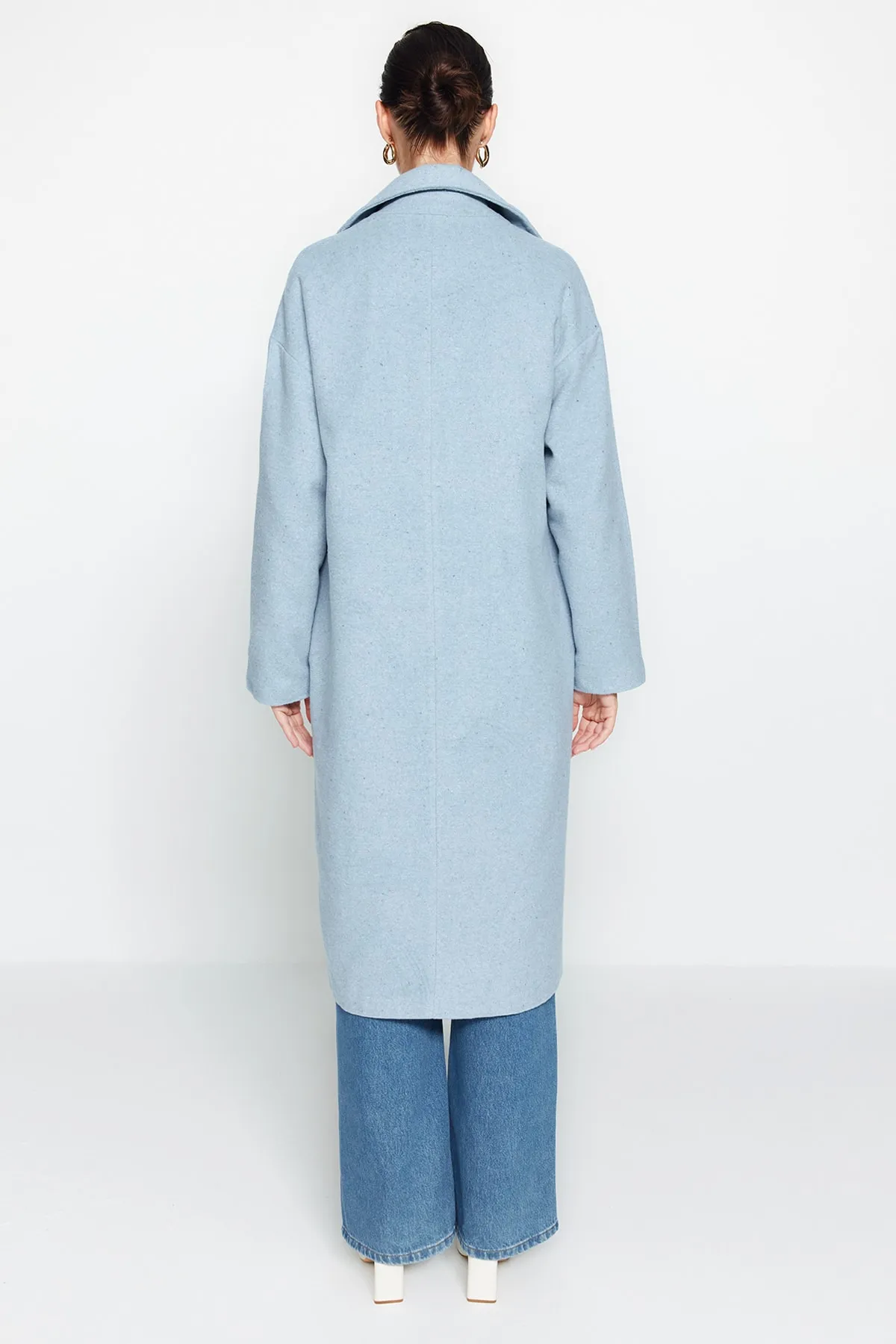 Trendyol Collection  Blauer, übergroßer, weit geschnittener, langer Wollmantel mit Stempelmuster TWOAW21KB0038