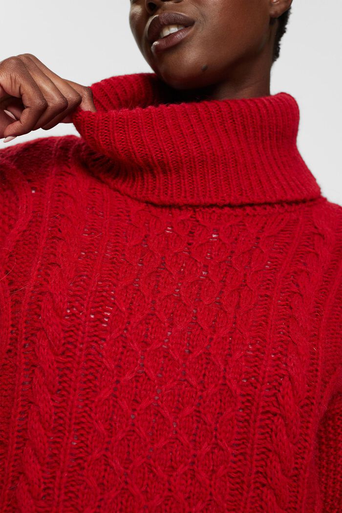 Zopfstrickpullover mit Wolle, mit Rollkragen