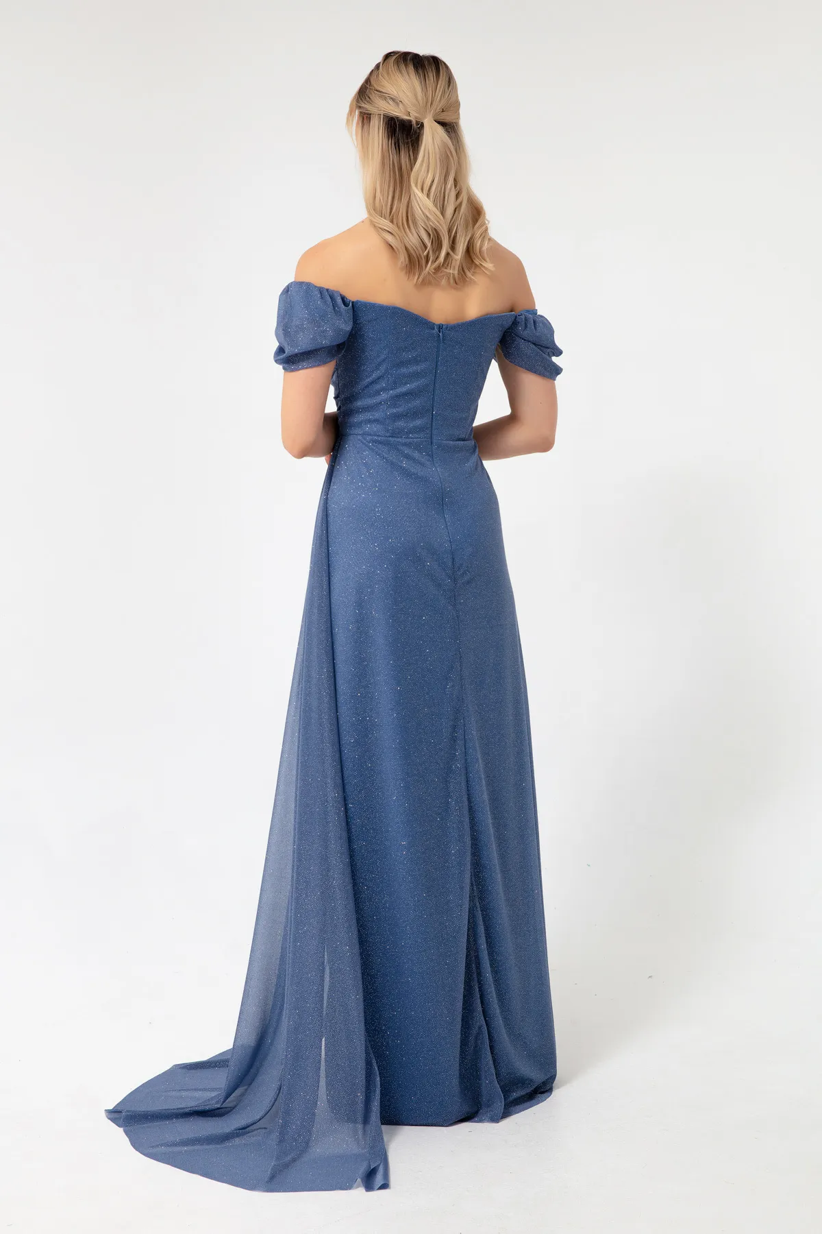 Lafaba  Damen-Abendkleid in Indigo mit U-Boot-Ausschnitt, drapiertem Schlitz, langes, silbernes Abendkleid
