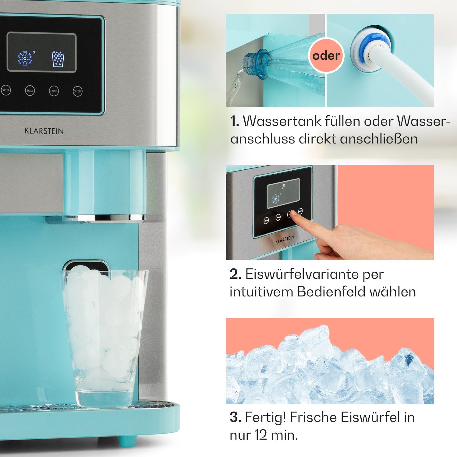 Klarstein Eiswürfelmaschine Eiszeit Crush, Eiswürfelmaschine mit Crushed Ice Eiswürfelbereiter Ice Cube Maker