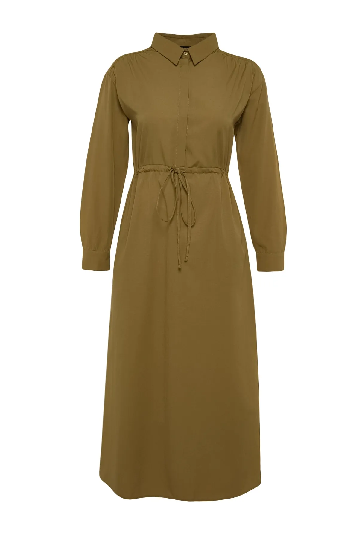 Trendyol Modest  Hellkhakifarbenes Kleid aus gewebter Baumwolle mit geraffter Taille TCTSS23EB00067