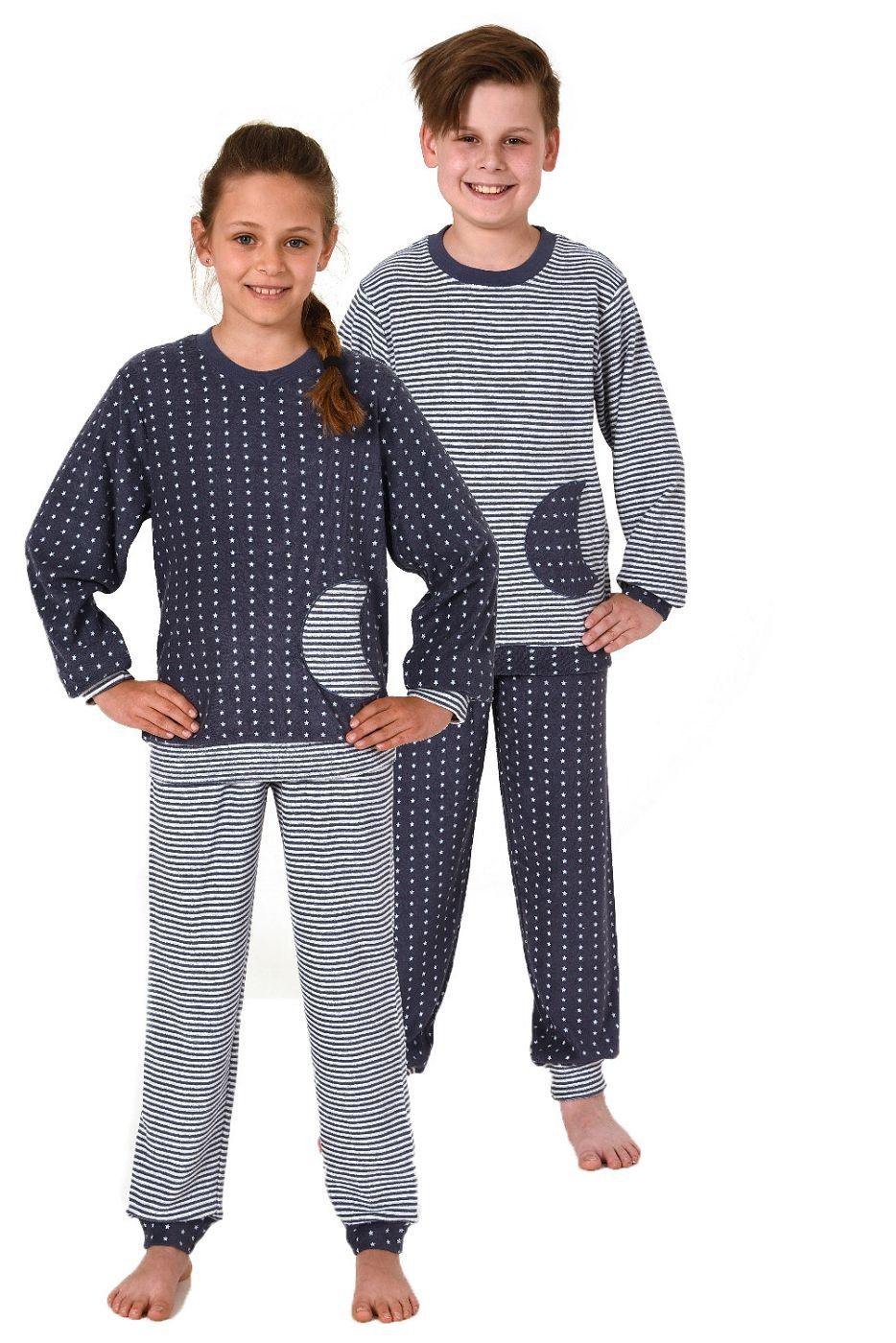 Normann Pyjama Jungen Frottee Pyjama mit Bündchen, warmer Schlafanzug in Ringeloptik