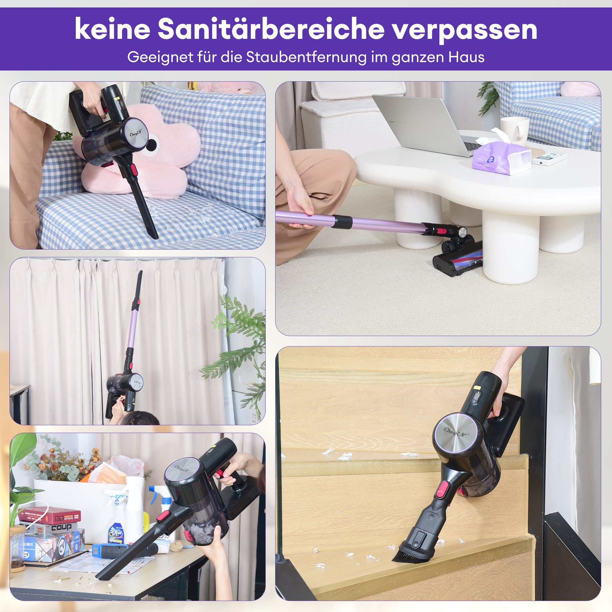 CkeyiN Akku-Hand-und Stielstaubsauger 28kPa Saugleistung, Kabelloser, leistungsstarker Staubsauger, 250,00 W, LED-Beleuchtung, 4-Schicht-Filtersystem