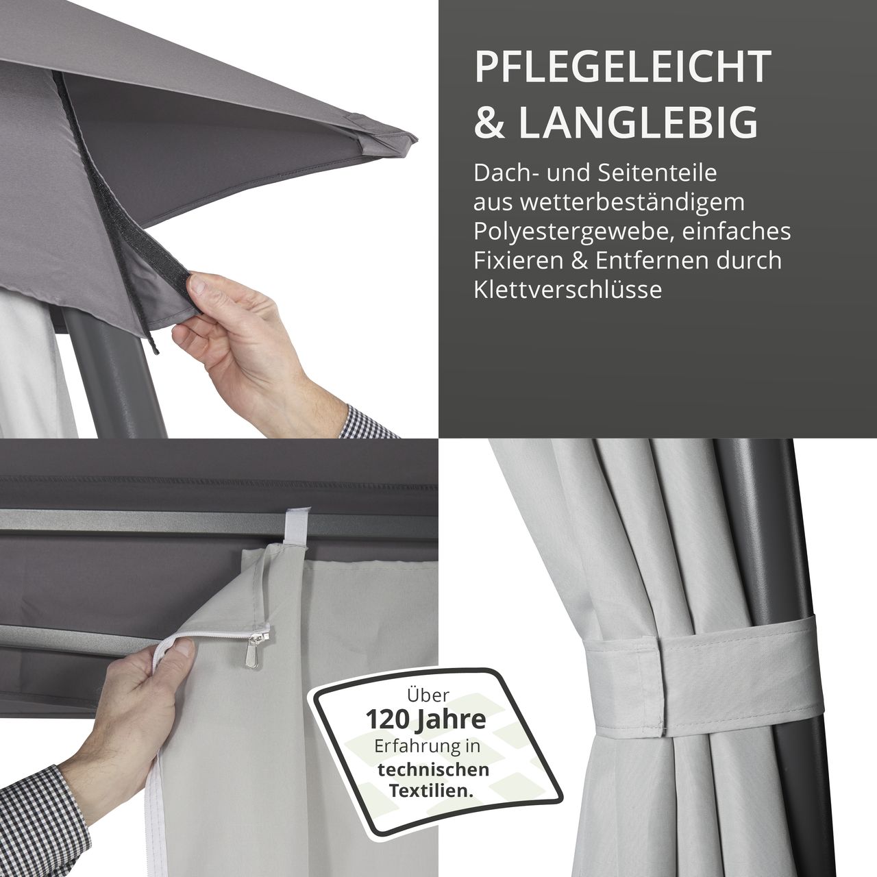LECO Pavillon Milena – formschöner Gartenpavillon 3,3 x 3,3 m mit verschließbaren Seitenteilen – anthrazit/grau