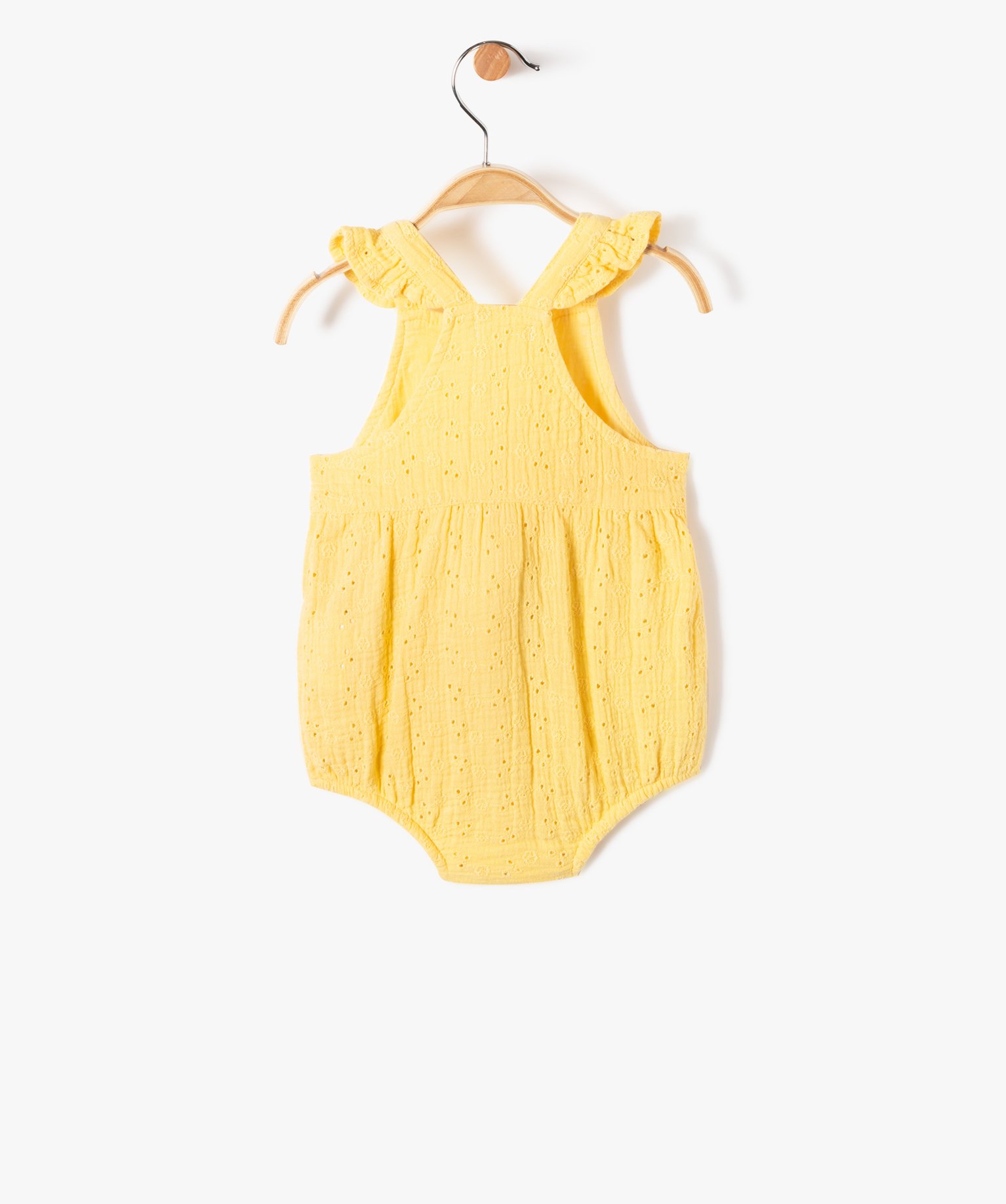 Combishort bébé à bretelles forme barboteuse en dentelle ... jaune | GEMO