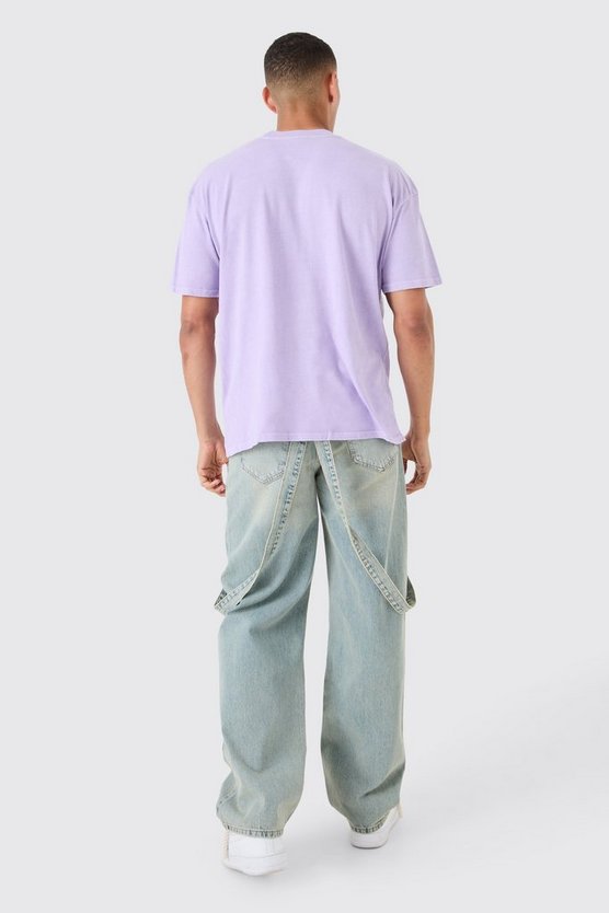 Baggy Rigid Strap Detail Ripped Knee Jeans In Antique Blue