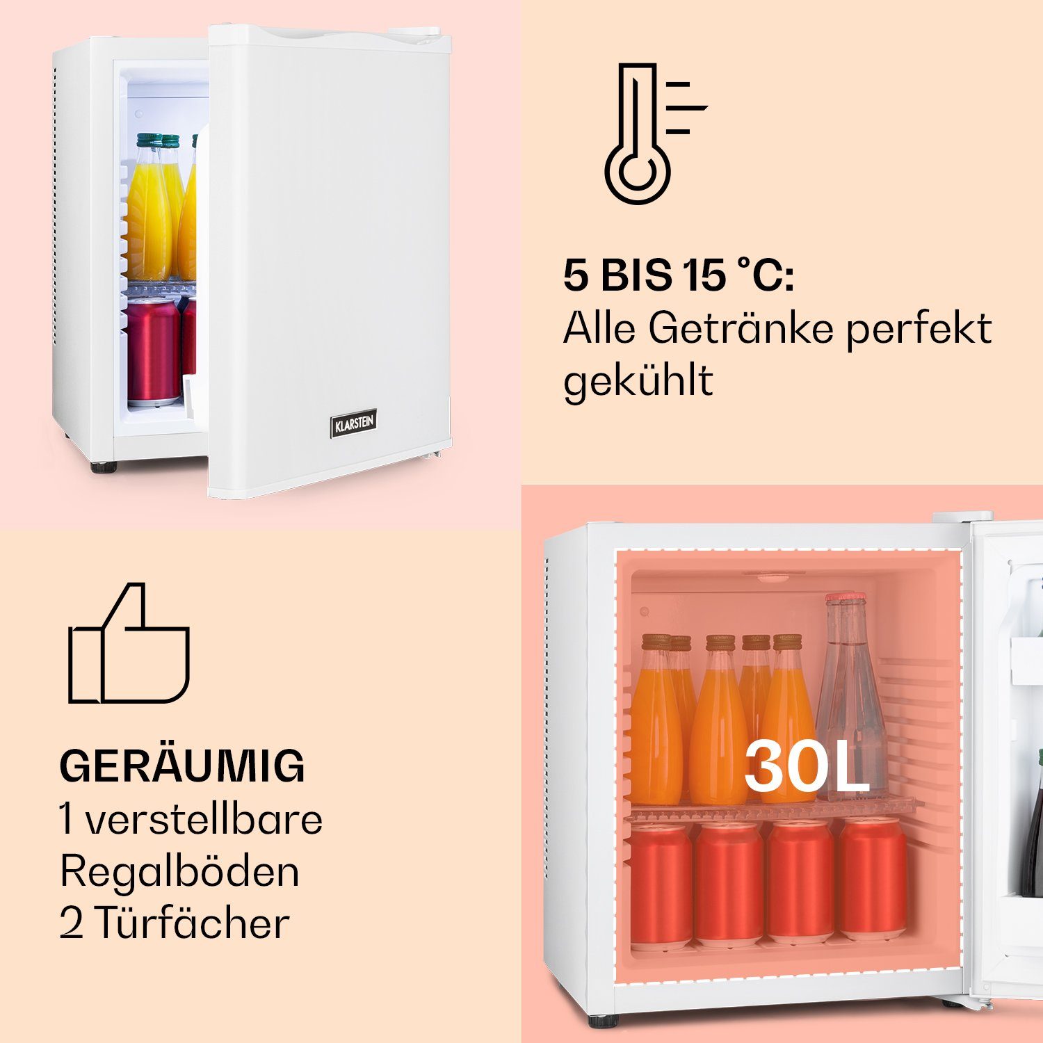Klarstein Table Top Kühlschrank HEA-HappyHour-24Wht 10035241A, 47 cm hoch, 38 cm breit, Hausbar Minikühlschrank ohne Gefrierfach Getränkekühlschrank klein