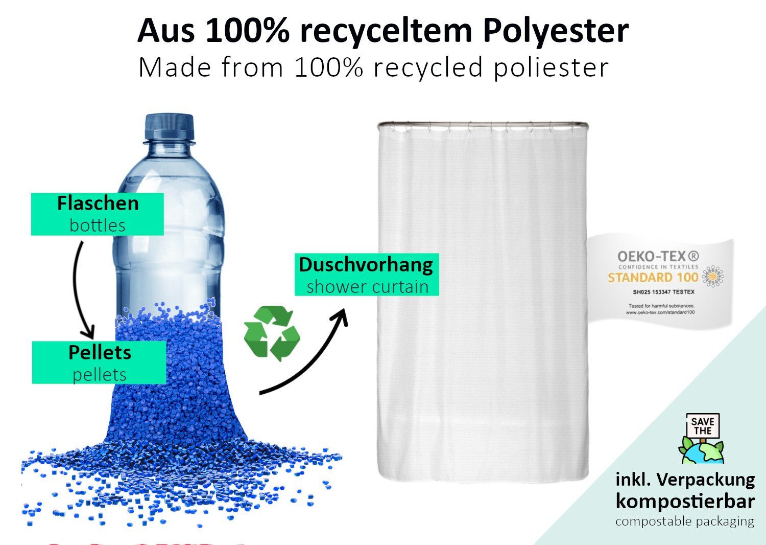 Arteneur Duschvorhang Duschvorhang Weiß Breite 120 cm, inkl. Duschvorhangringe, Anti-Schimmel, recyceltes Material