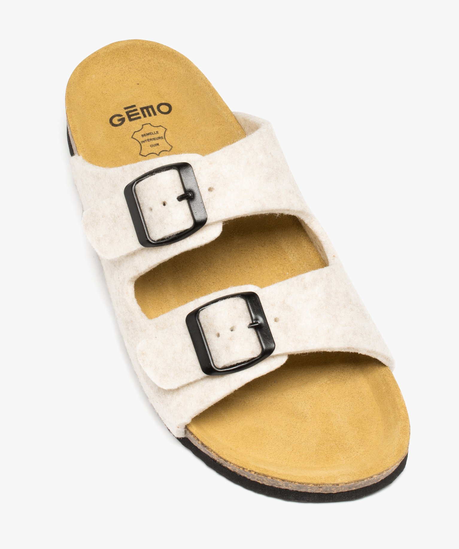 Chaussons femme mules en feutrines avec brides à boucle beige | GEMO