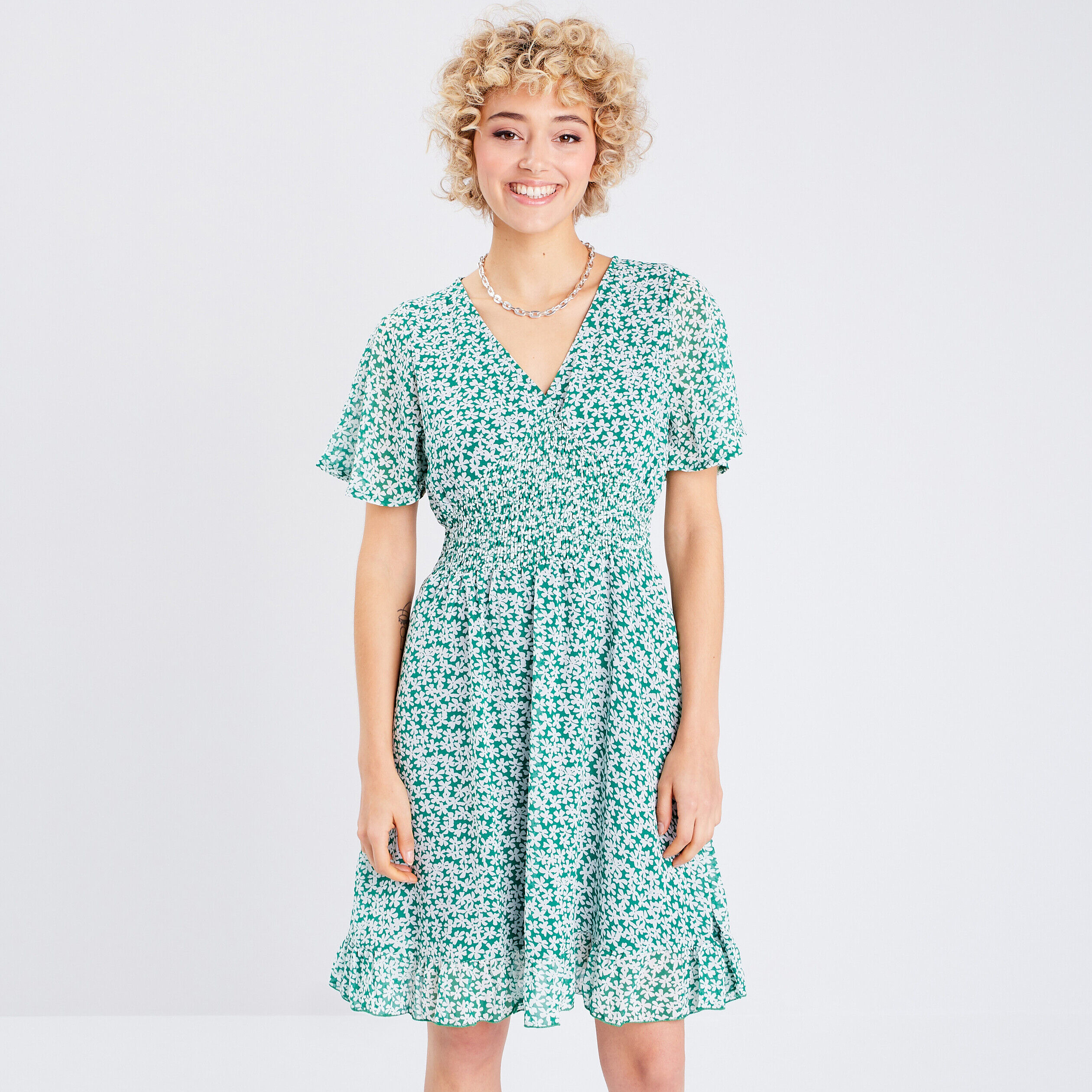 Robe évasée manches courtes vert femme | Cache Cache