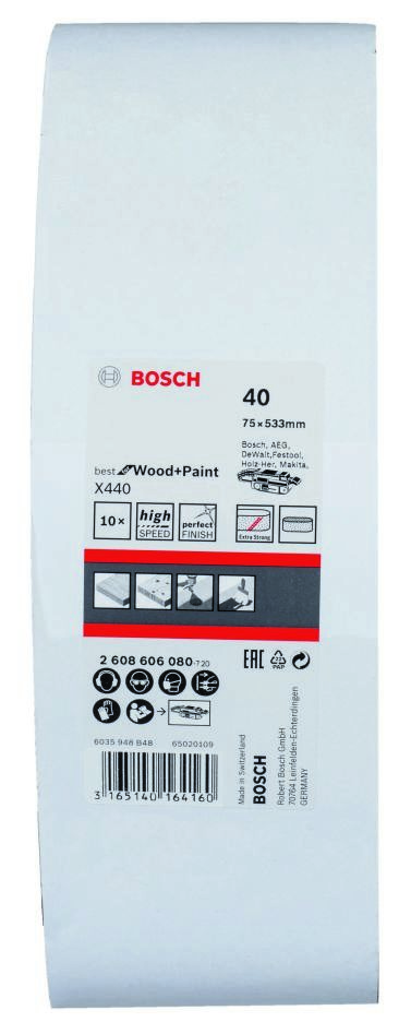Bosch Blue Zubehör 2608606080 2607606080 Schleifband 75 x 533 mm K40 Ideal für Holz und Lack 10 Stück