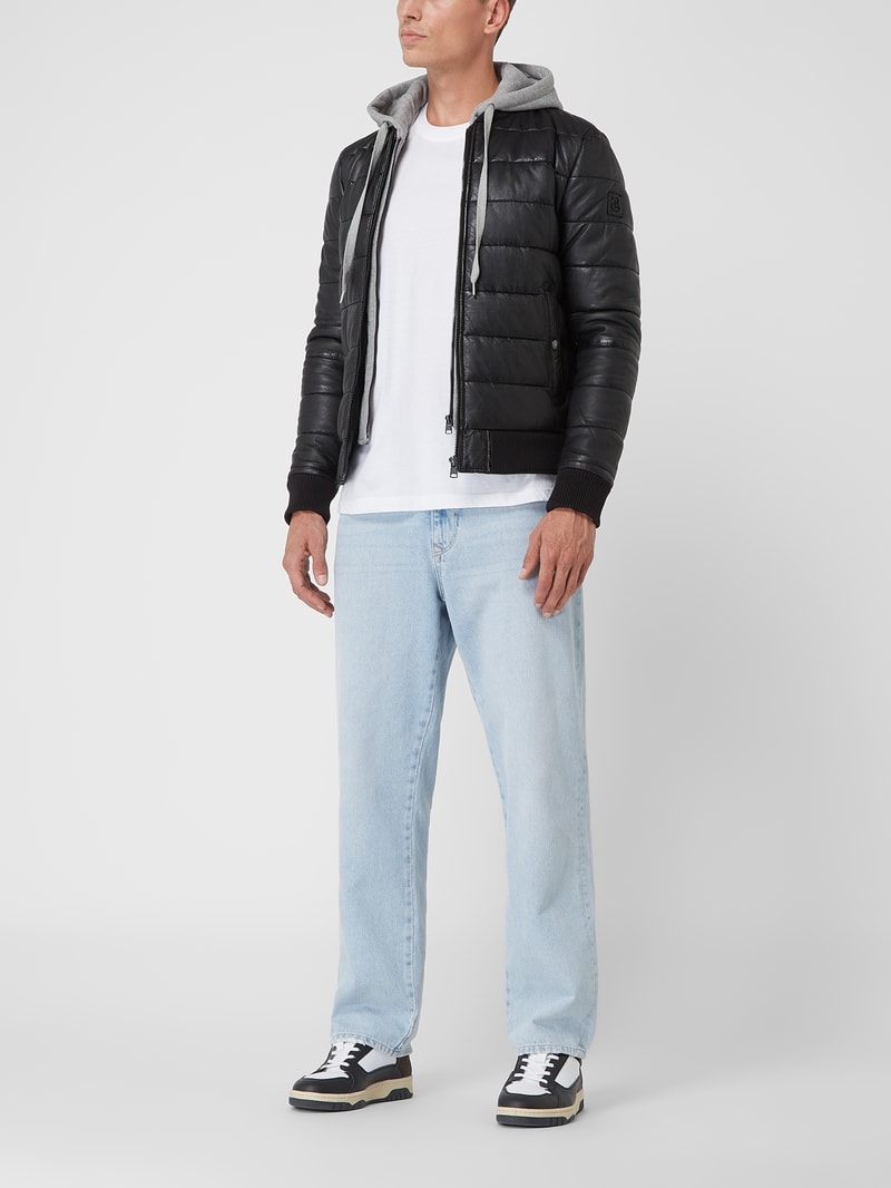 Normal Fit Lederjacke mit Kapuze in schwarz