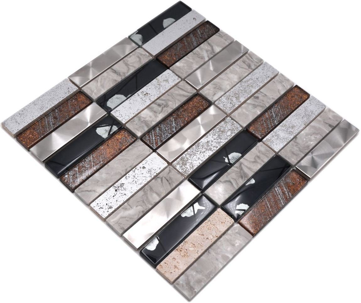 Mosani Mosaikfliesen Riemchen Rechteck Mosaikfliesen Glasmosaik Edelstahl Resin grau