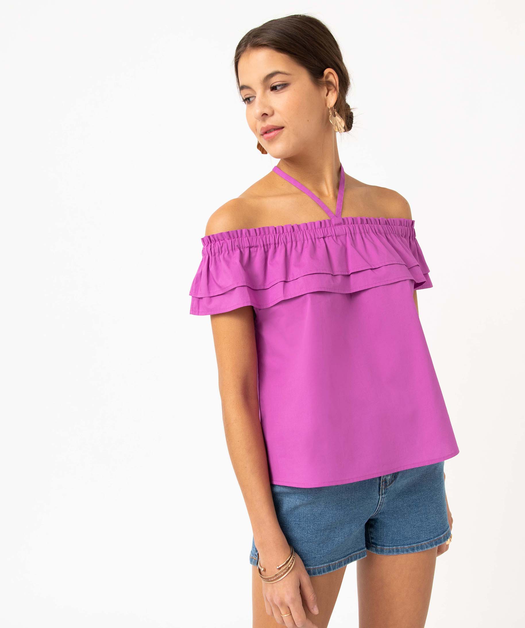 Blouse femme col Bardot à volants et liens fantaisie violet | GEMO
