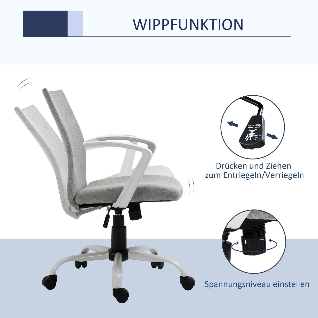 HOMCOM Bürostuhl Schreibtischstuhl Netzrückenstütze mit Wippenfunktion Kopflehne Home-Office-Stuhl höhenverstellbarer ergonomisch 360°-Drehräder Schaumstoff Nylon Grau 61 x 61 x 89-99 cm