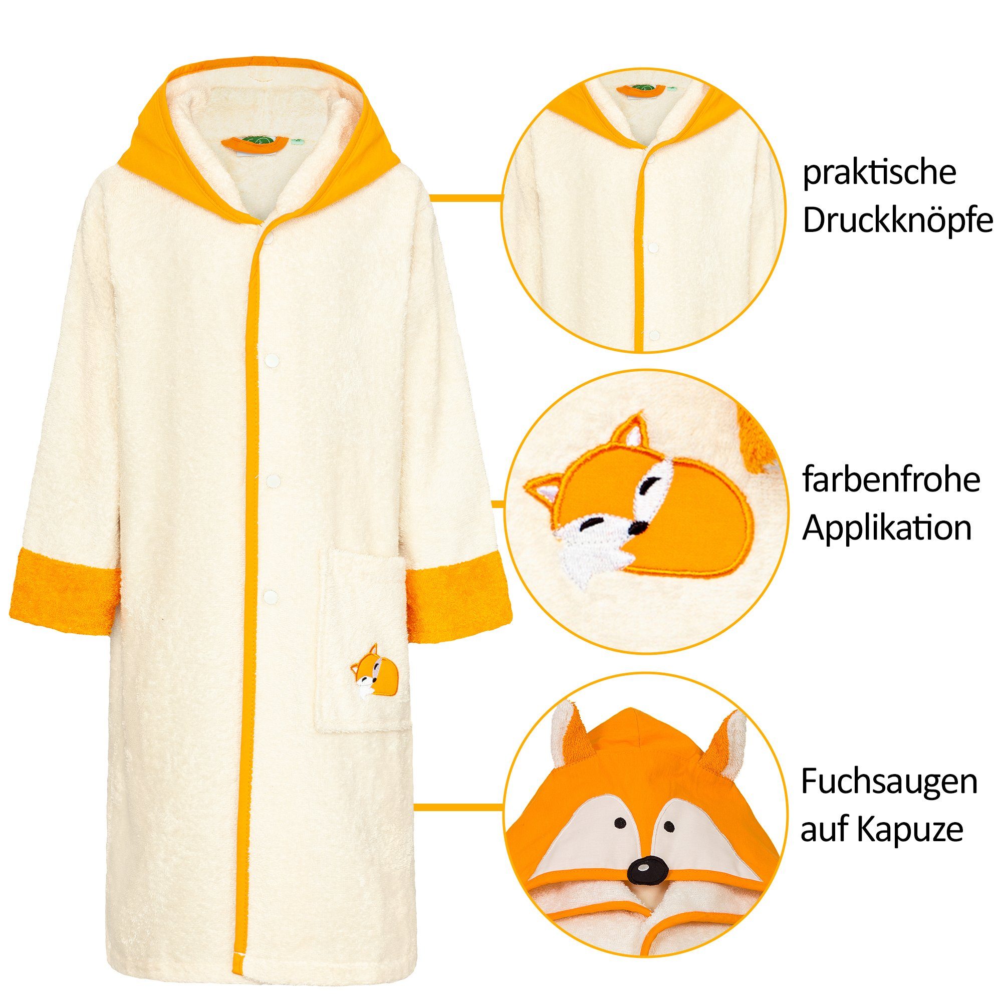 Smithy Kinderbademantel Fuchs mit Druckknopfverschluss, Frottee, Kapuze, Knöpfe, made in Europe