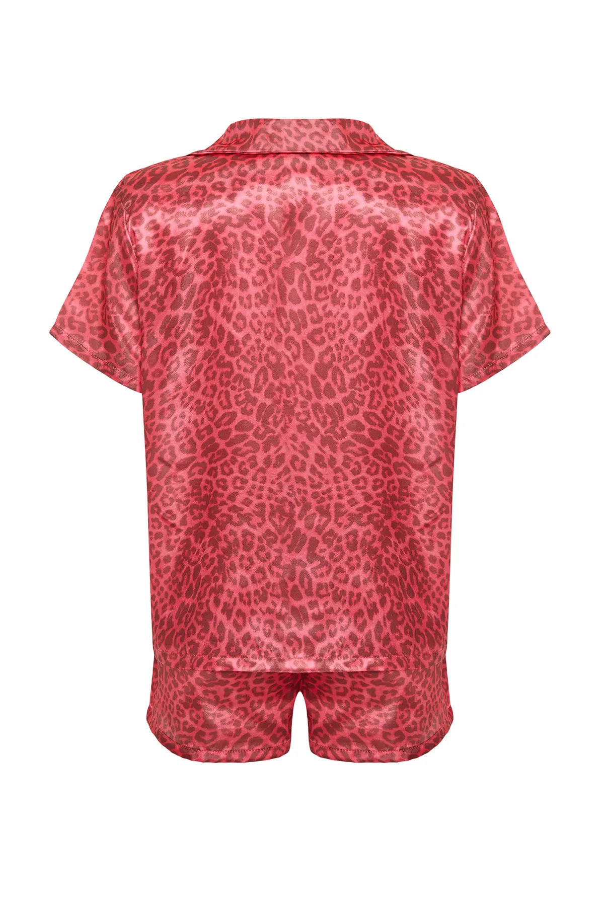 Trendyol Collection  Burgunderrotes, mehrfarbiges, gewebtes Pyjama-Set mit Hemd und Shorts aus Satin mit Leopardenmuster THMSS20PT0158