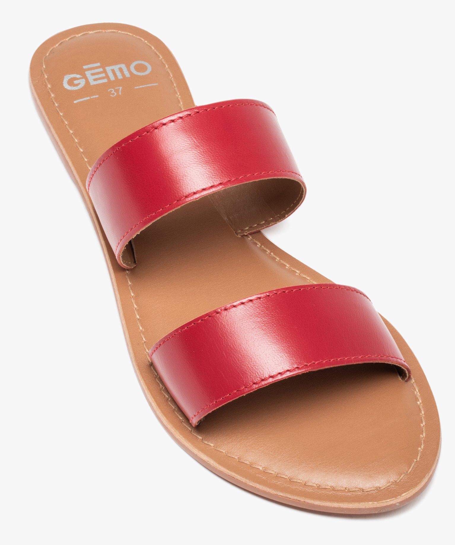 Mules femme plates à larges brides dessus cuir uni rouge | GEMO