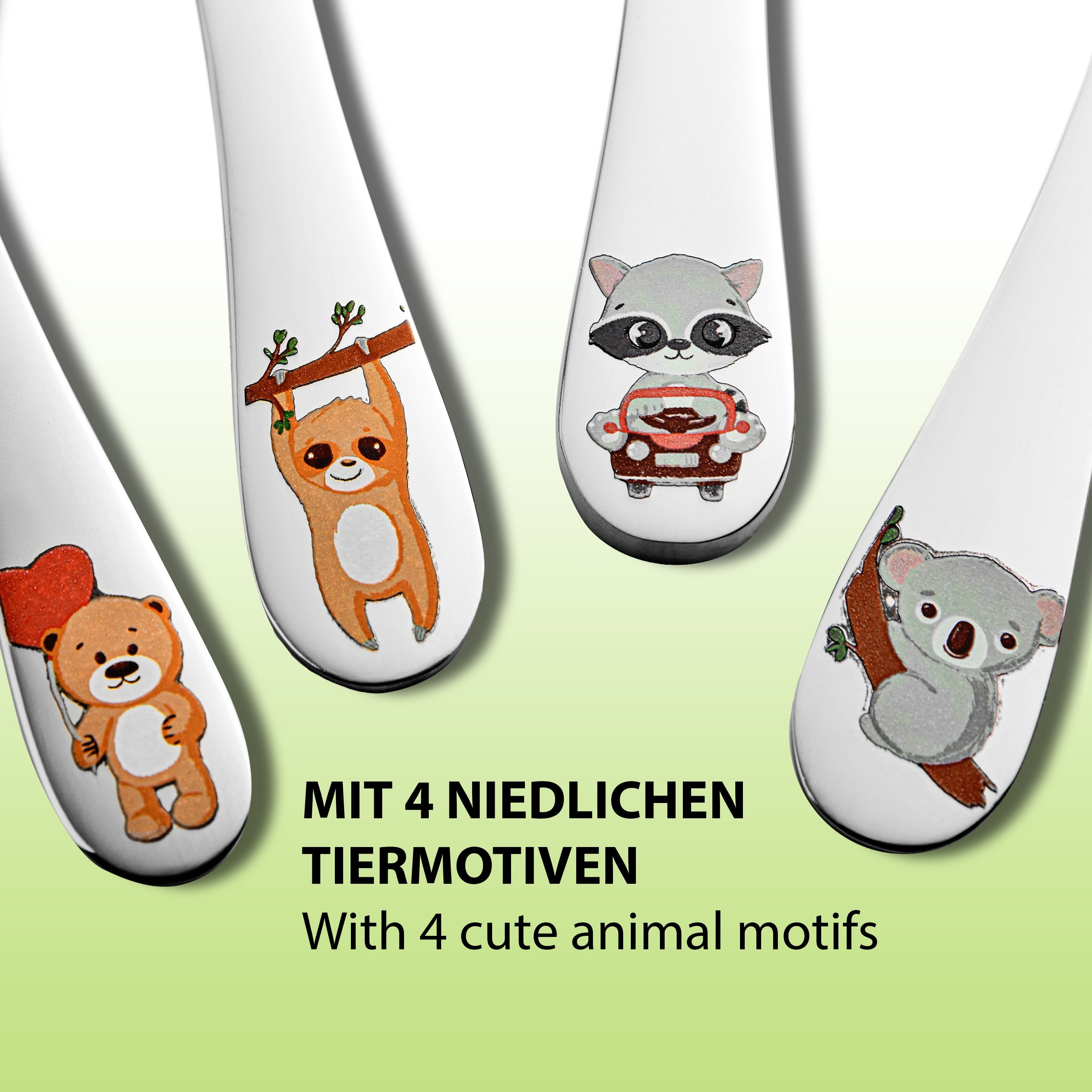 Koru Kids Kinderbesteck - 4-teiliges Set (2 Sets) - Edelstahl, niedliches Design, Kinderbesteck aus Edelstahl, spülmaschinengeeignet