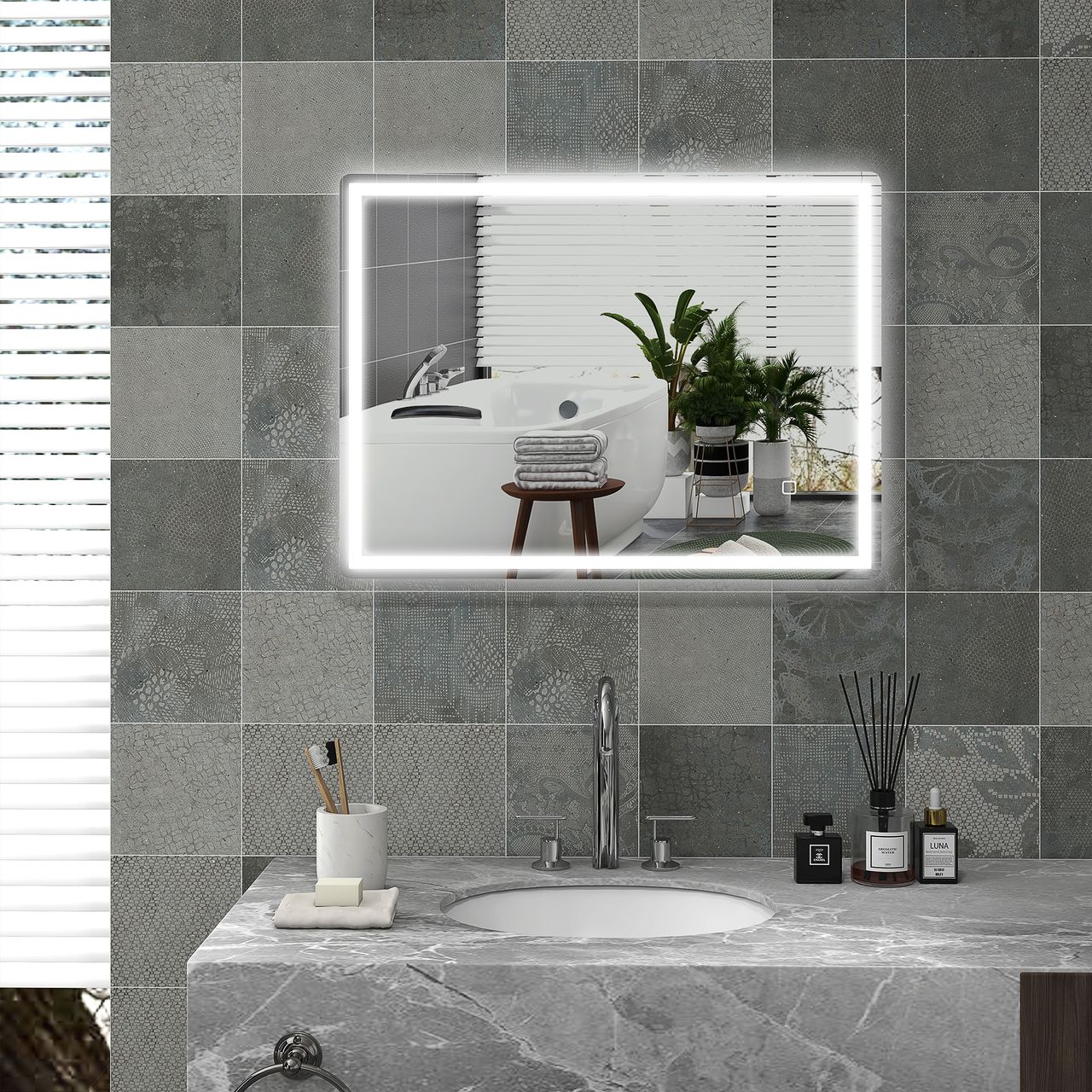 HOMCOM Badspiegel Dimmbar Badezimmerspiegel, Lichtspiegel mit Touchschalter IP44