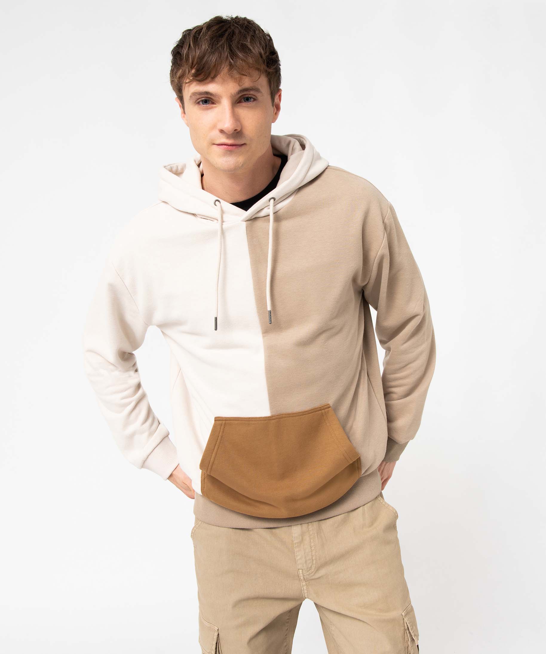 Sweat homme tricolore à capuche beige | GEMO