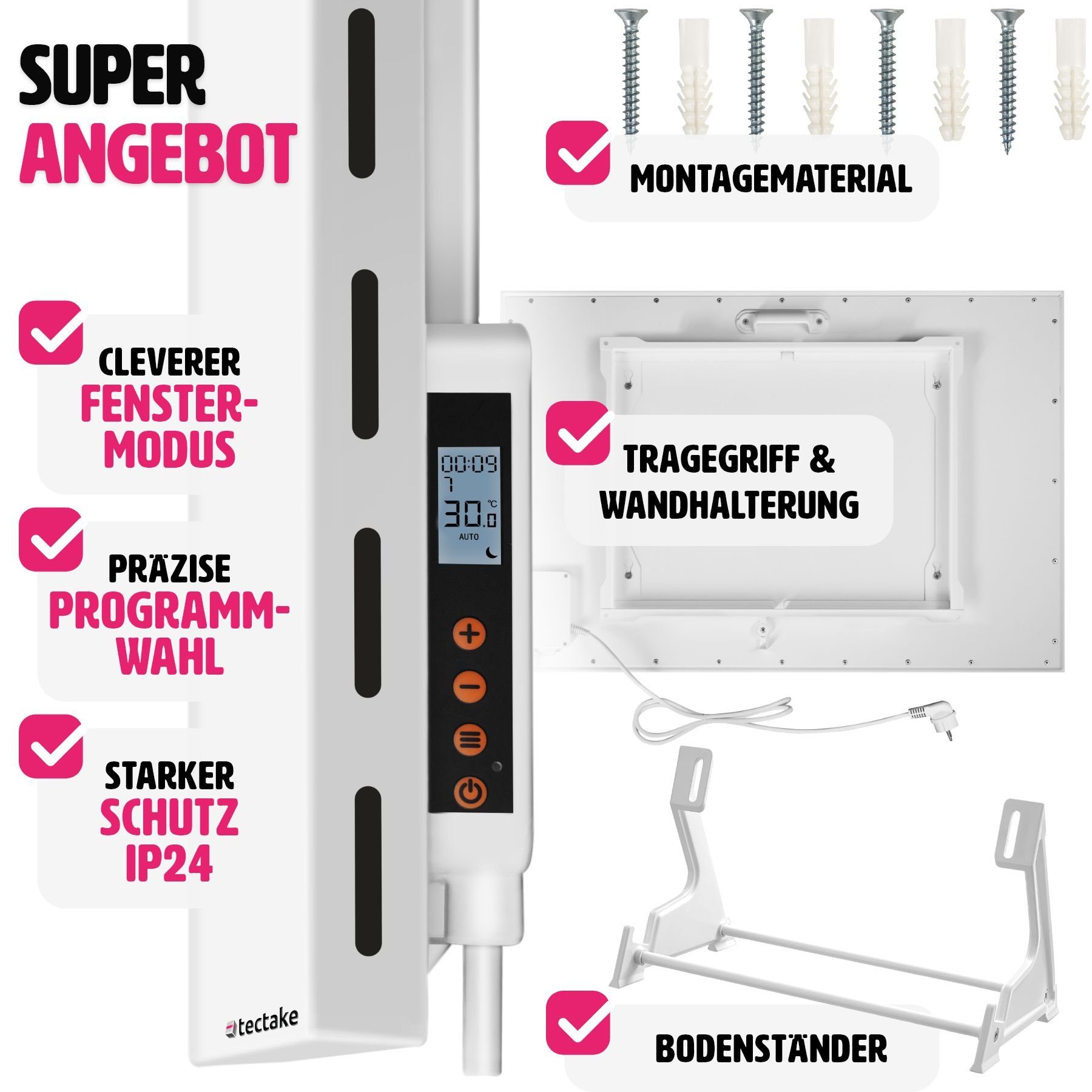 tectake Heizkörper Hybrid-Infrarotheizung mit Thermostat & Kippschutz
