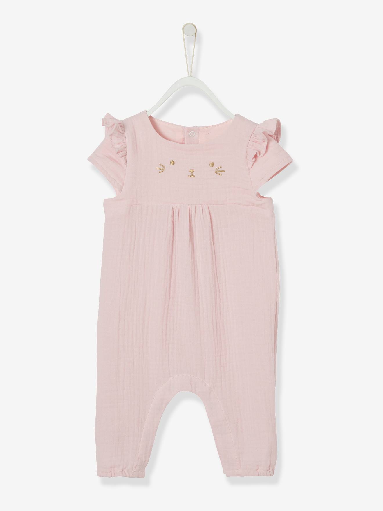 Combinaison bébé fille brodée en gaze de coton rose