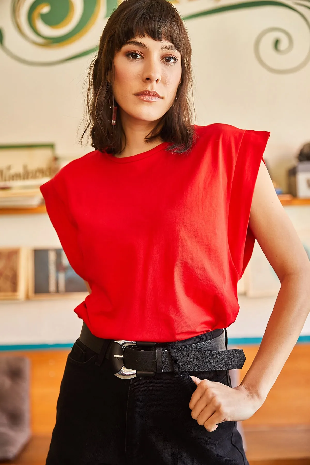 Olalook  Rotes Achselstück-Fledermaus-T-Shirt für Damen TSH-19000330
