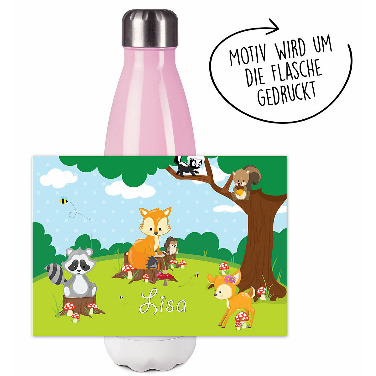Edelstahl Kinder Thermoflasche / Trinkflasche bunt Waldtiere Spülmaschinenfest, Auslaufsicher, Bruchfest, Doppelwandig, Für Heißgetränke geeignet, Mit Deckel, Isoliert