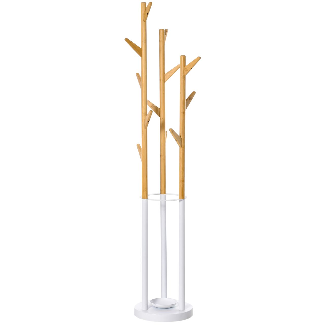 HOMCOM Garderobenständer Standgarderobe Kleiderständer mit 12 Haken moderner Schirmständer für den Flur Wohnzimmer Metall Bambus Natur Weiß 30,5 x 30,5 x 174,5 cm