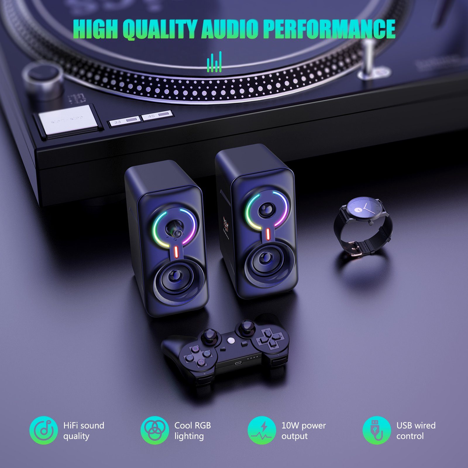 7Magic 2.0 PC-Lautsprecher (Bluetooth, 3,5 mm AUX Klinke, 10 W, Boxen mit USB-Stromversorgung, RGB LED Licht Speaker Set)