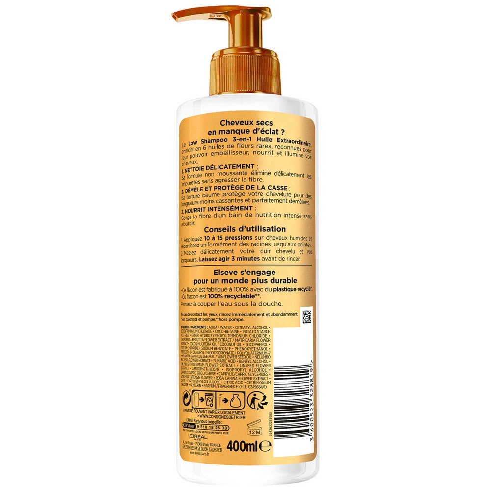 L'Oréal Paris Elseve Huile Extraordinaire Low shampoo 3-en-1 enrichi en 6 huiles de fleurs rares cheveux secs fragilisés.