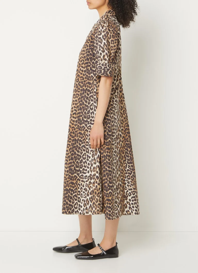 Robe tunique midi Ganni en coton biologique à imprimé léopard et poches latérales