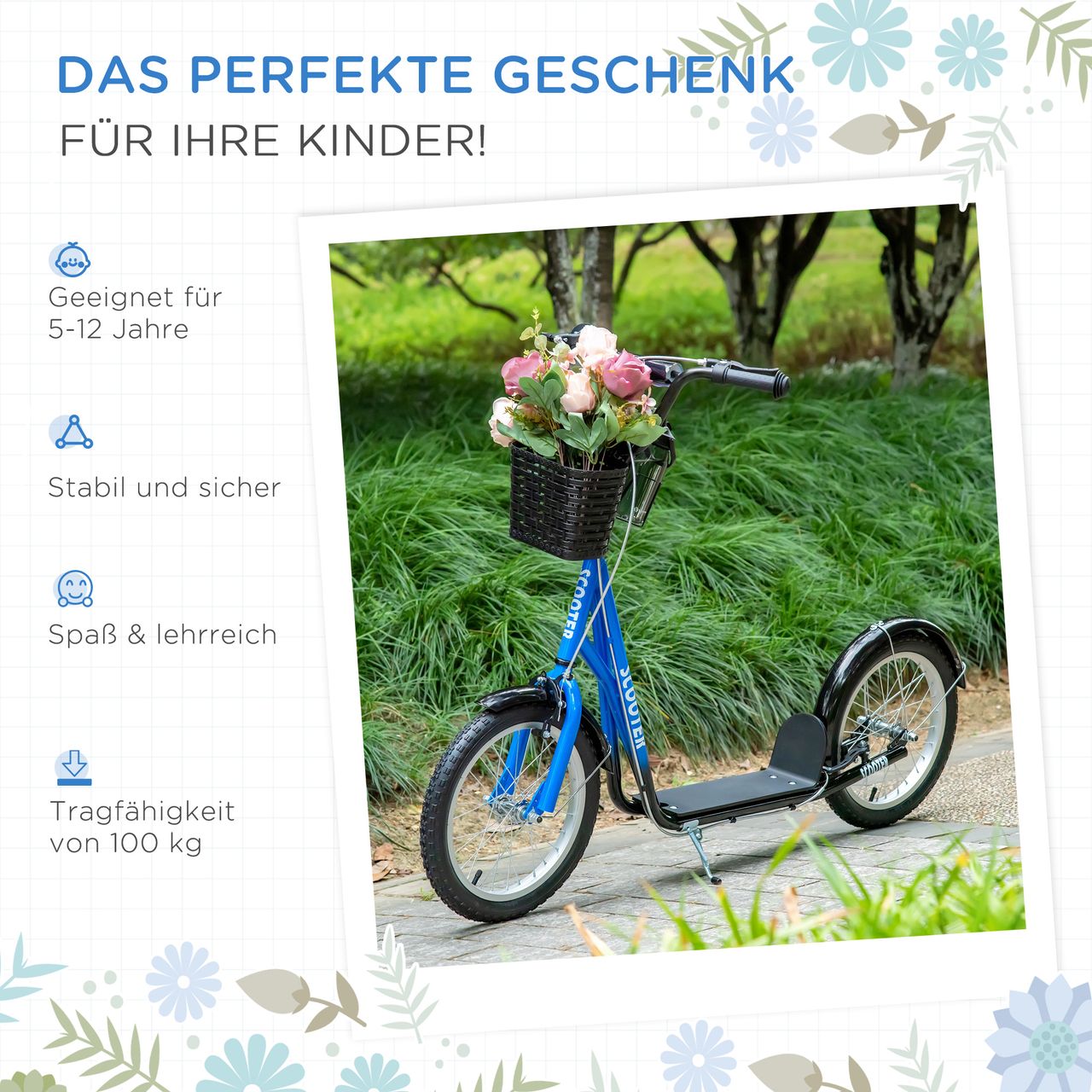 HOMCOM Kinderroller Tretroller mit Bremse Korb höhenverstellbar Gummi Blau