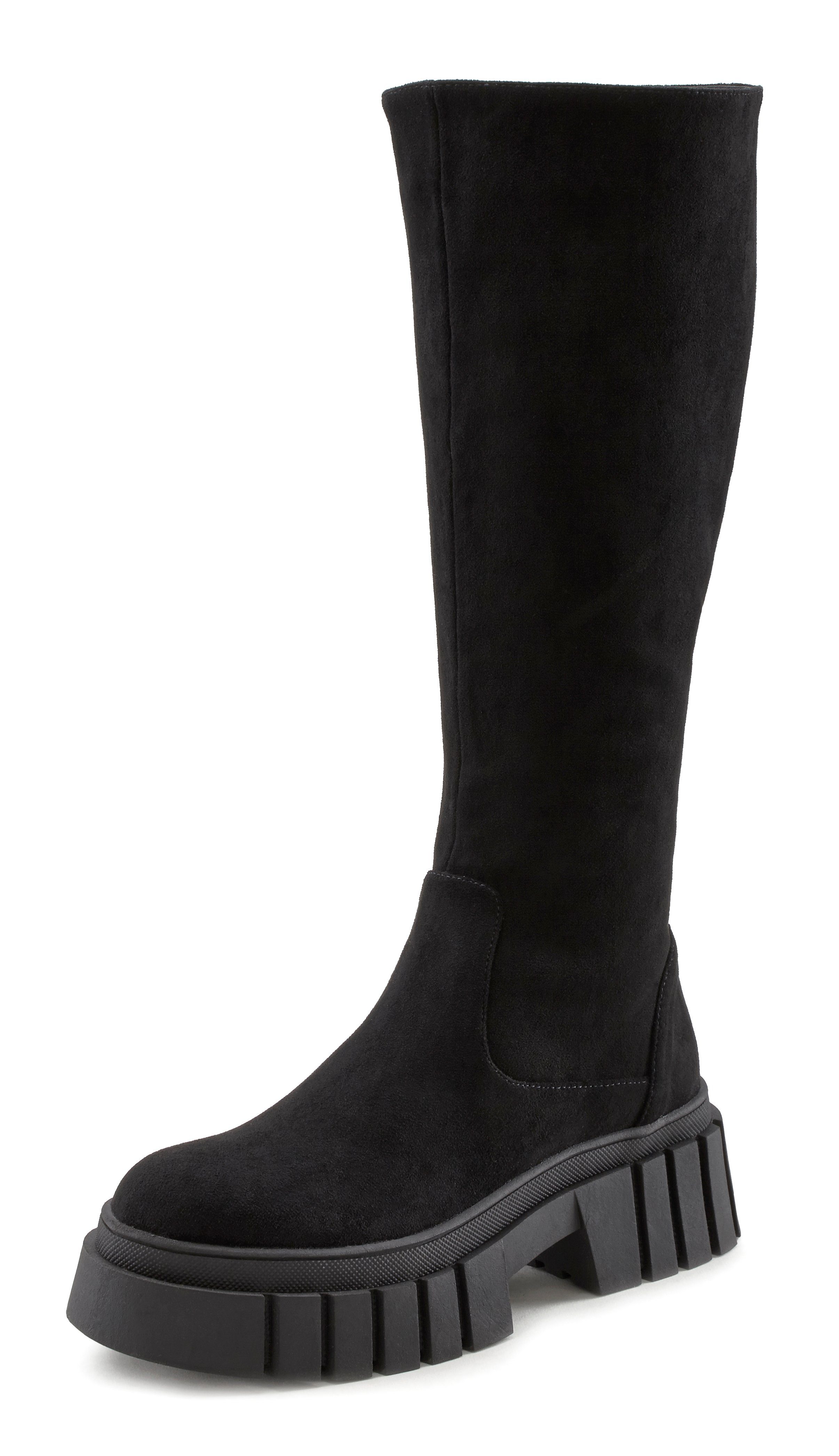 LASCANA Reißverschlussstiefel, Winterstiefel, Chunky-Sohle, langer Stiefel, Profilsohle