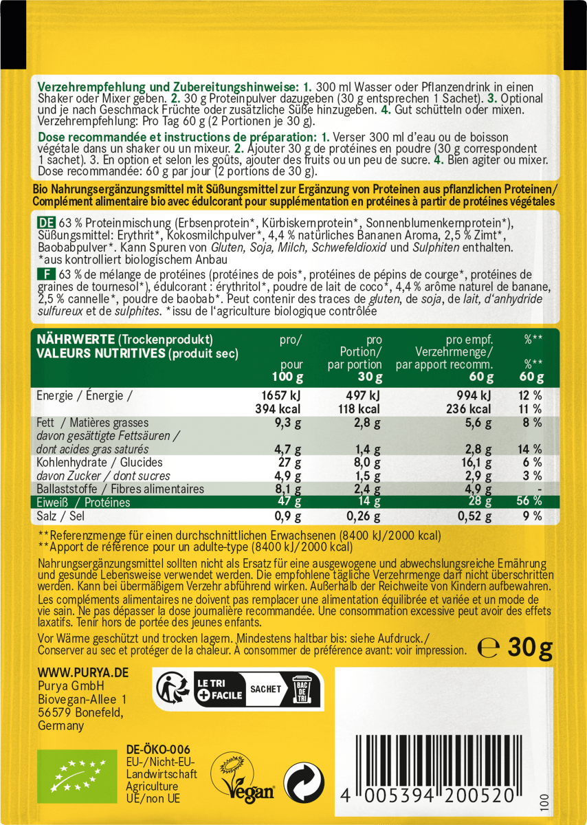 Proteinpulver 47% Banana Bread, Banana & Cinnamon mit Baobab, 30 g