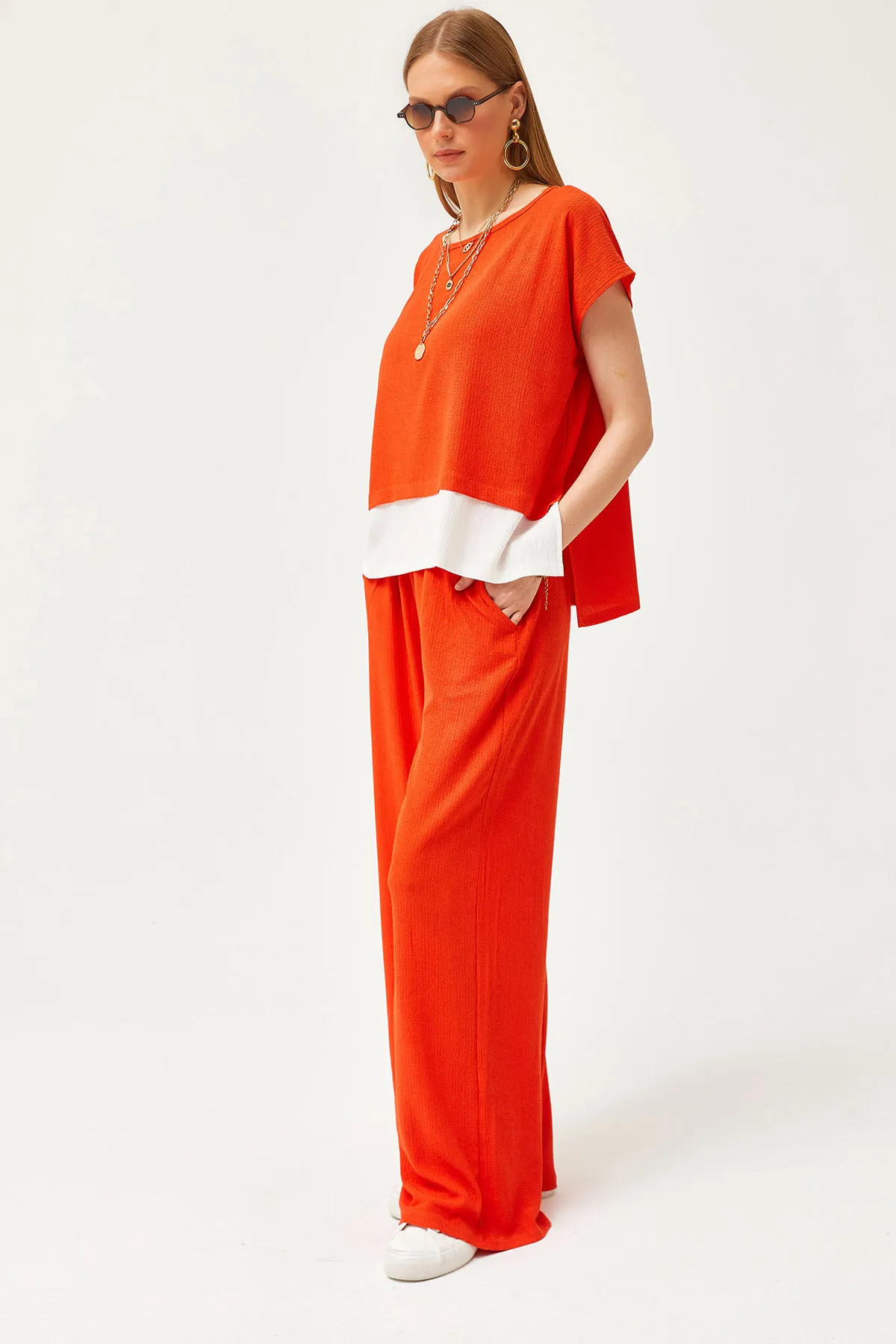 Olalook  Damen-Set mit Oberteil, Bluse und Hose in Orange TKM-19000273