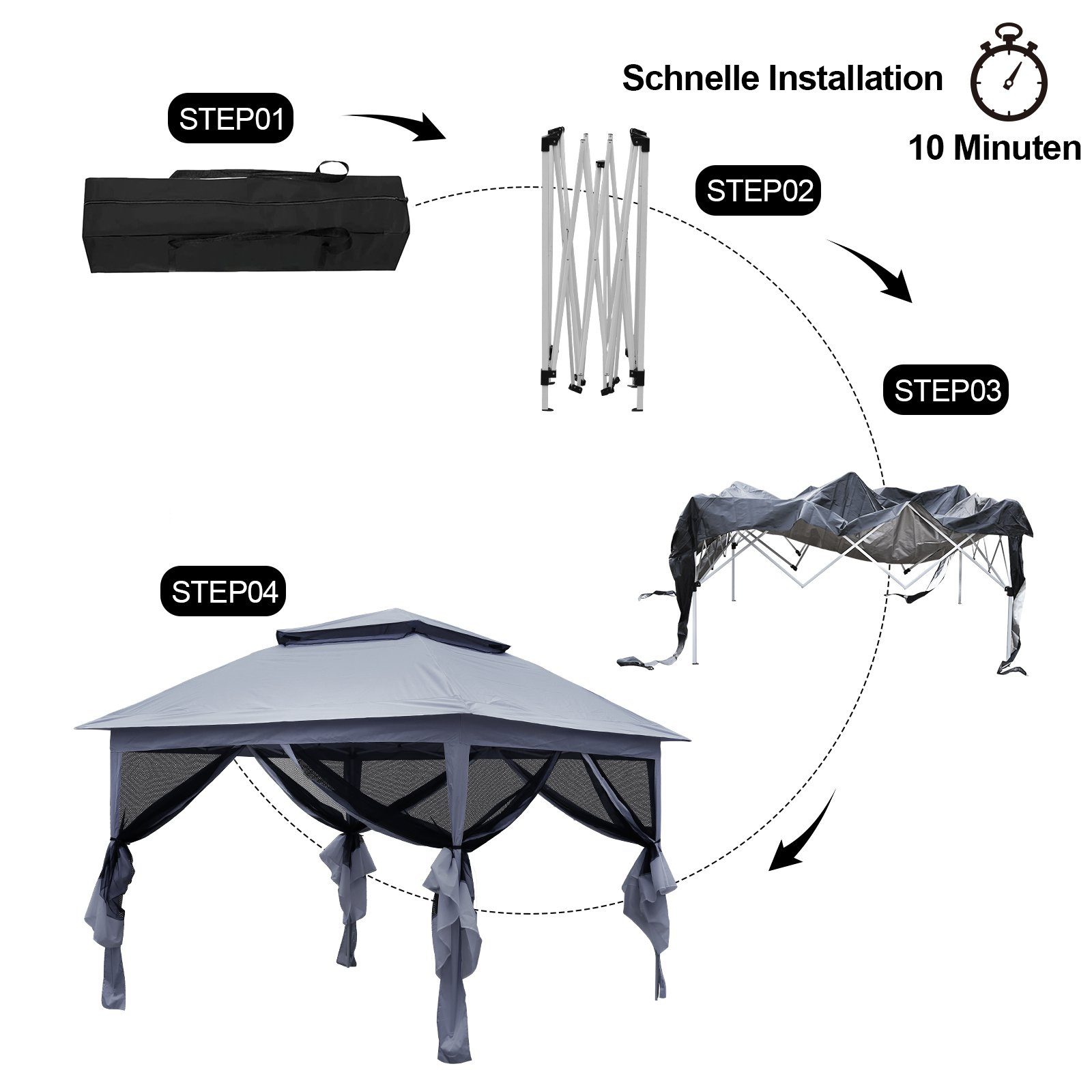 CLIPOP Faltpavillon 3.2x3.2M Doppeldach-Pavillon, mit 4 Seitenteilen Gartenzelt