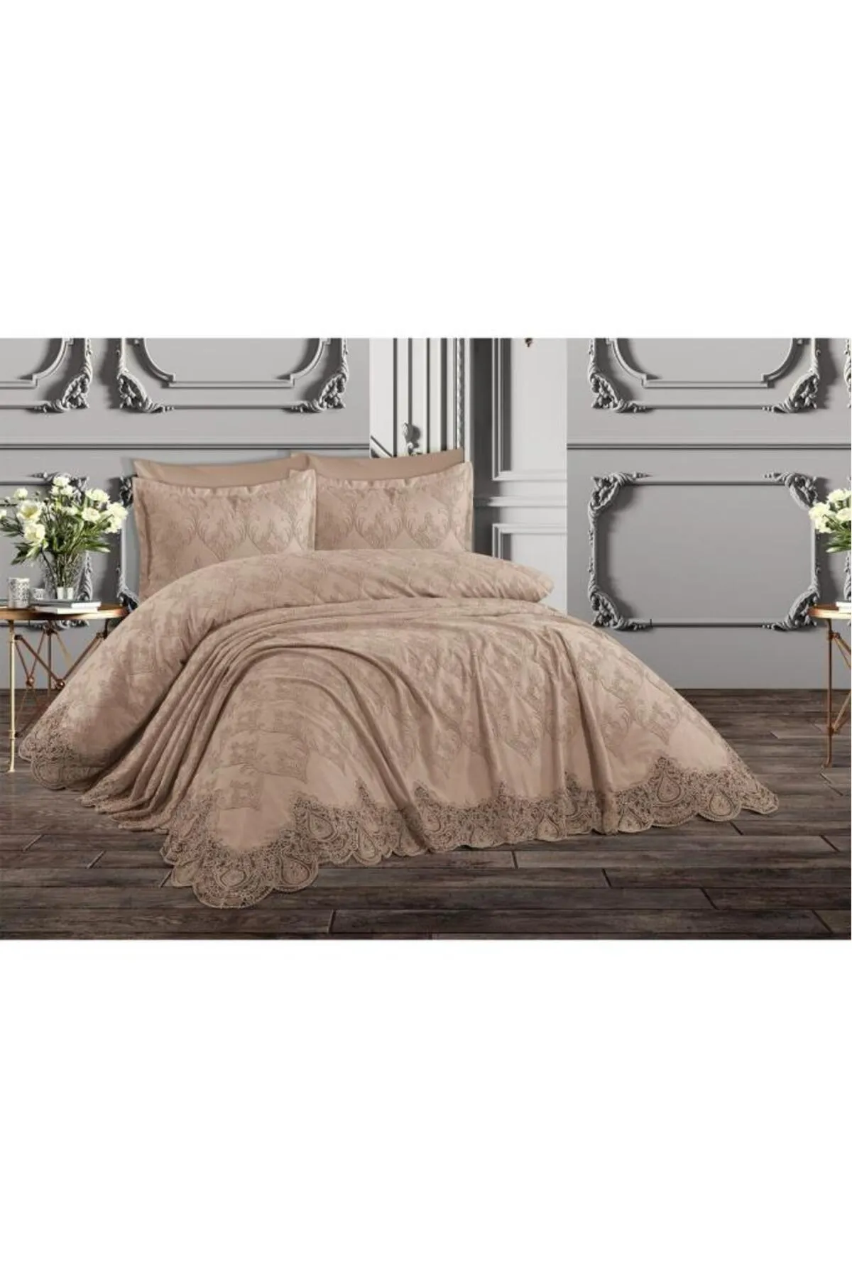Çeyiz Diyarı  Französisches Spitzen-Seerosen-Piqué-Set, 6-teilig, Cappuccino