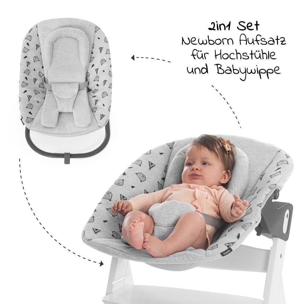 Hauck Hochstuhl Alpha Plus White Newborn Set (Set, 4 St), Baby Holz Hochstuhl ab Geburt mit Liegefunktion - inkl. Aufsatz für Neugeborene (Wippe) Premium & Baumwoll Sitzauflage - mitwachsend, höhenverstellbar