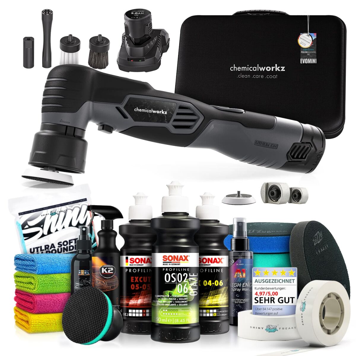 chemicalworkz EVO Mini Akku Poliermaschinen Set mit Sonax Polituren & Zubehör