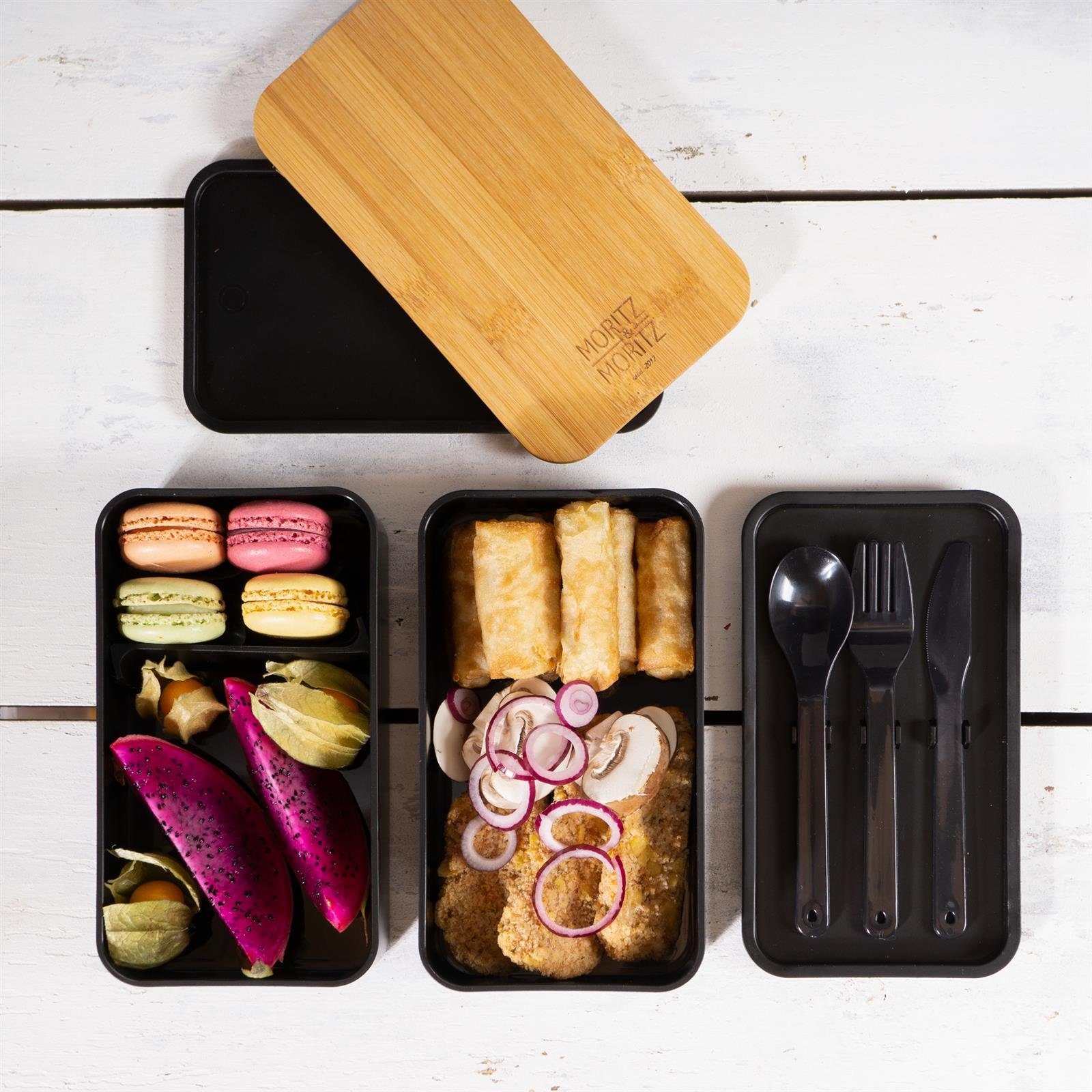 Moritz & Moritz Lunchbox Bento Box Set, Kunststoff, Bambus, Elasthan, (Set), Bento Lunchbox für Erwachsene und Kinder - inkl. Besteck-Set