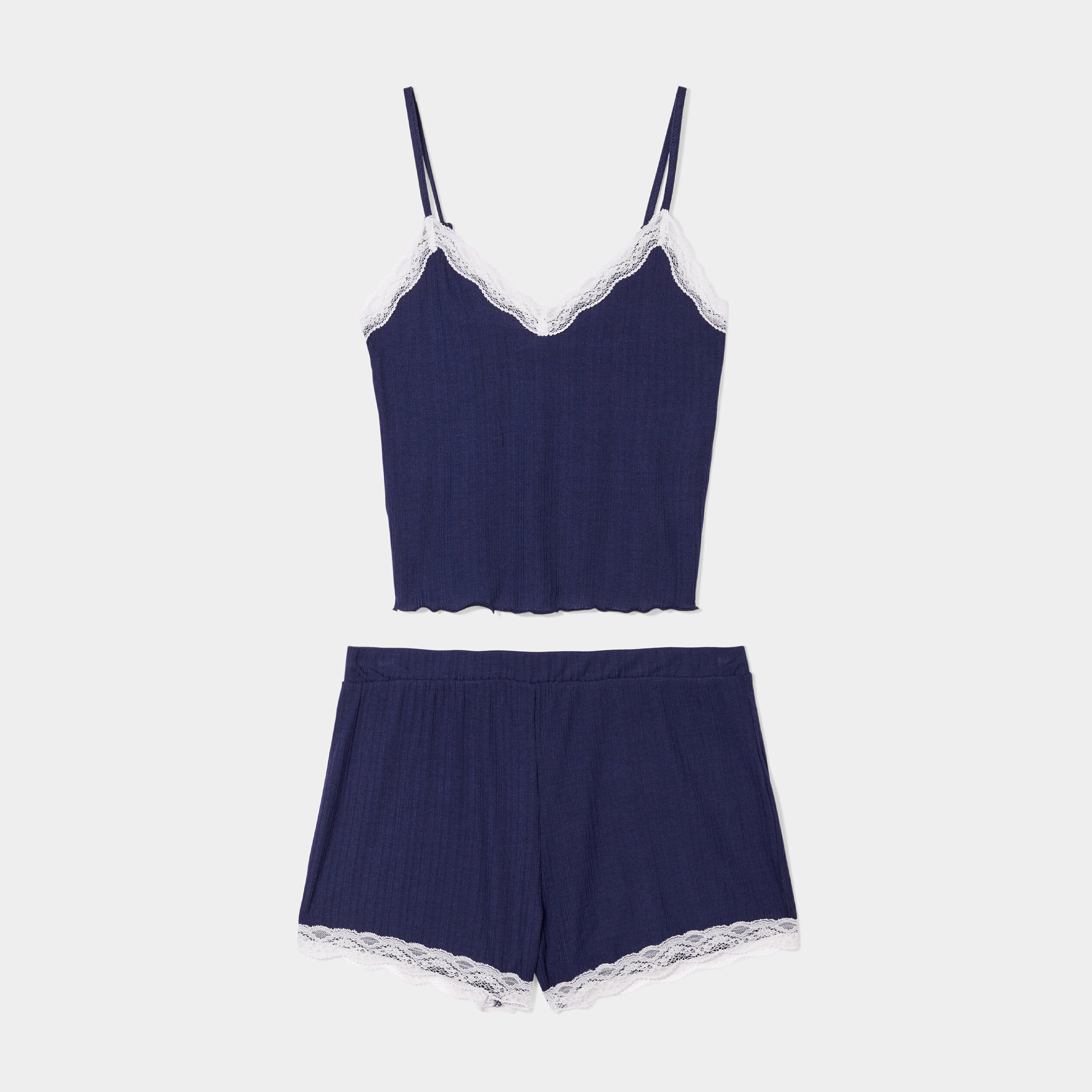 Ensemble pyjama short bandes dentelle bleu marine femme | La Halle