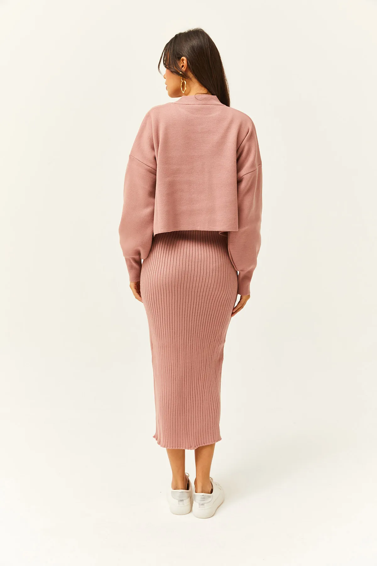 Olalook  Damen Dusty Rose Top Crop Sweater Bottom Strap Dress Strickanzug TKM-19000176